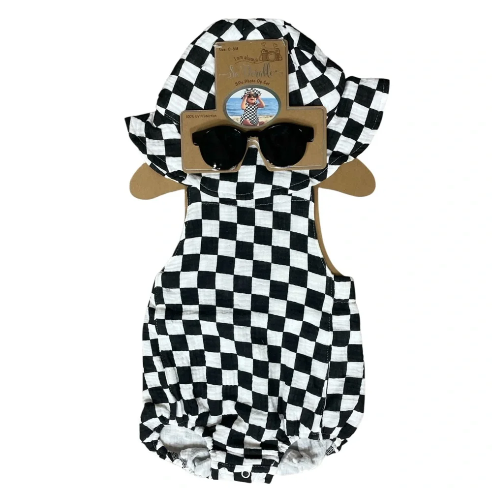 So’Dorable Checkered 3pc. Set Romper Hat Sunglasses NWT (V)
